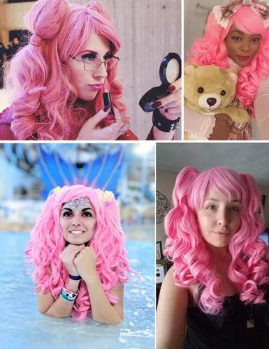 Vista 2 de ColorGround - Peluca larga rizada para cosplay con 2 coletas