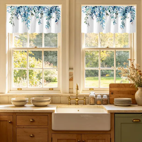 Vista 38 de Cortinas de cocina de estilo granja occidental con bolsillo para cortinero, pequeñas y cortas, estilo café rústico, cabaña, puerta de granero