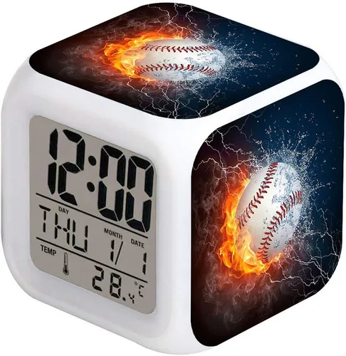Vista 2 de Reloj despertador LED con diseño deportivo de béisbol, reloj de mesa creativo de escritorio, brillante, electrónico, colorido, digital, reloj