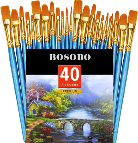 Vista 32 de BOSOBO Juego de pinceles de pintura, 10 pinceles de punta redonda puntiaguda, pinceles de nailon para artistas de cabello acrílico, acuarela