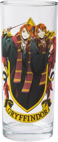 Vista 5 de Silver Buffalo Harry Potter Gryffindor Squad con Hermione Granger, Ron Weasley, y Fred y George estilo anime, juego de 4 vasos de vidrio de 10 onzas