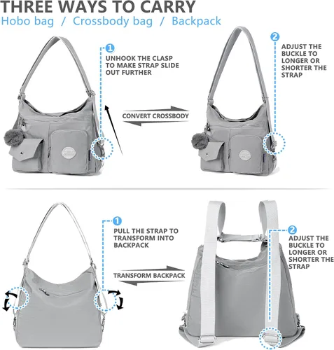 Vista 6 de Bolso Hobo multiusos para mujer con RFID antirrobo, bolsa cruzada de nailon impermeable, bolsa de hombro, mochila convertible