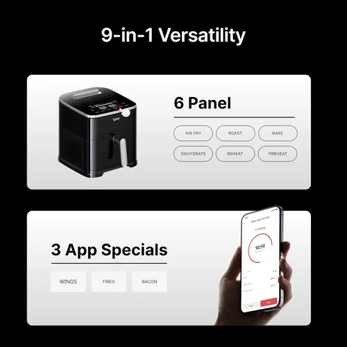 Vista 8 de Typhur Sync 8 QT AI Smart Air Fryer con termómetro inalámbrico integrado Negro+plata+estante de acero inoxidable