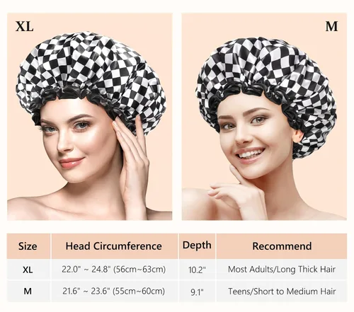 Vista 2 de mikimini Gorro de ducha para mujeres y niñas, elegante diseño de tablero de ajedrez, doble capa, impermeable, reutilizable, lavable, sin olor