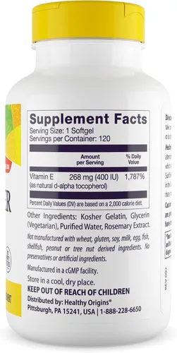 Vista 3 de Healthy Origins Vitamina E, 400 UI de girasol (Sun E 900) - Suplemento de vitamina E - Vitaminas para el cabello, la piel y las uñas - Suplemento