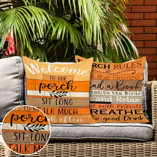 Vista 9 de Fundas de almohada para porche con reglas de porche impermeables, bienvenida a nuestro porche, fundas de almohada para patio, para sofá, banco Marrón