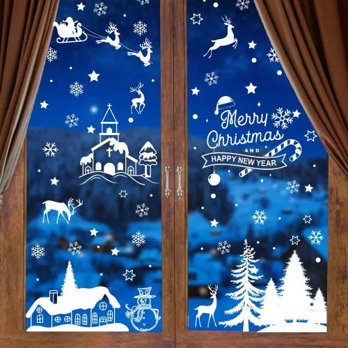 Vista 5 de GRACCEE - 9 hojas de calcomanías navideñas para ventana, diseño de árbol, muñeco de nieve, copos de nieve, renos para decoración de vidrio
