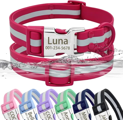 Vista 8 de Collar de perro personalizado impermeable y reflectante con placa de nombre, collar de perro de PVC fácil de limpiar con hebilla grabado nombre