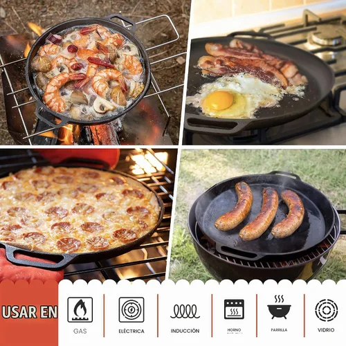 Vista 8 de Sartén de hierro fundido para pizza Chef Pomodoro, sartén de hierro fundido pre-sazonada de 12 pulgadas con asas, sartén dosa para dosa Tawa Roti
