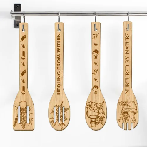 Vista 7 de GLOBLELAND Juego de 6 cucharas de madera a base de hierbas, juego de utensilios de cocina de bambú para refinar tallado de bambú, juego de espátulas