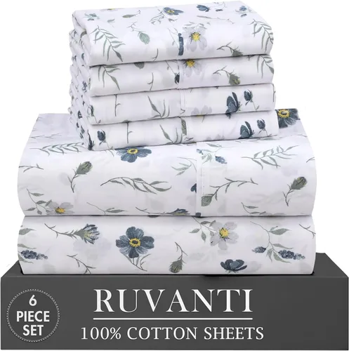 Vista 26 de RUVANTI 4 piezas de sábanas de algodón - 100% algodón natural suave, ligero y transpirable, sábanas de percal crujiente, juego de sábanas Botanica