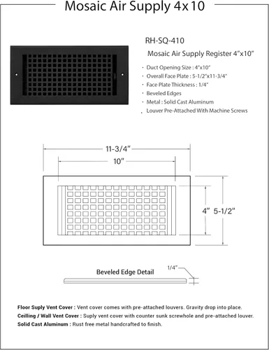 Vista 4 de Mosaico 4 x 10 "Apertura de conducto de suministro de aire de pared de Para PISO-NEGRO Sin Agujeros de Tornillo (PACK DE 1)