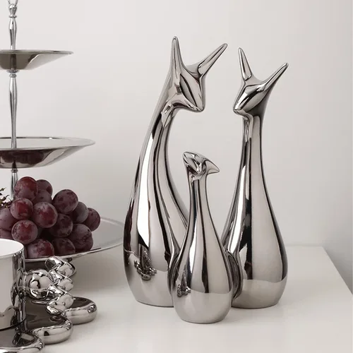 Vista 3 de Estatua de cerámica moderna de plata brillante, decoración del hogar, jirafa, decoración para sala de estar, estante, estantería moderna, figuritas