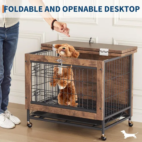 Vista 8 de Mueble de jaula para perros pequeños con ruedas, perrera de madera resistente de 2 puertas, para interiores, mesa auxiliar de jaula para perros