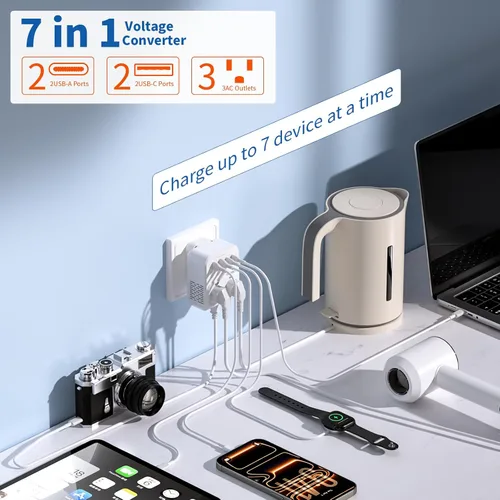 Vista 3 de Convertidor de voltaje de 2000 W de EE. UU. a Europa para secadores de pelo, convertidor de 220 V a 110 V para viajes europeos con 3 puertos AC/2