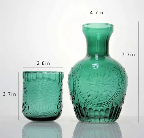 Vista 2 de Jarra de agua de noche de cristal retro en relieve con vaso, jarra y taza de noche, color verde