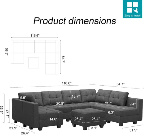 Vista 2 de Belffin Sofá modular convertible con diván reversible en forma de U con almacenamiento otomano modular con asientos de almacenamiento, color gris