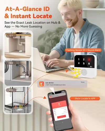 Vista 4 de PILSAMAS Detector de fugas de agua WiFi, paquete de 4 unidades (sirena) + concentrador Samrt con pantalla de números para identificar fugas, alarma