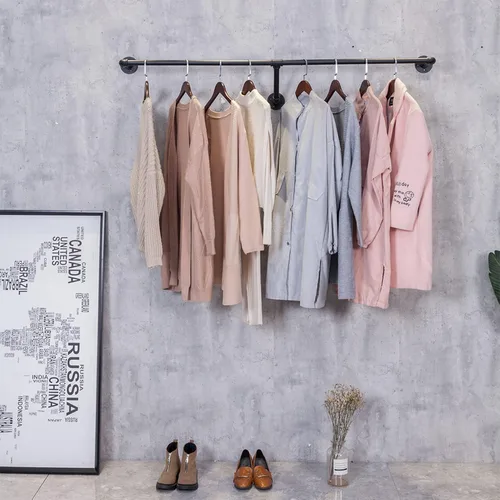 Vista 5 de Sistema de estantes colgantes de ropa para montar en la pared de tubería industrial, perchero de metal para ropa, estante de ropa perfecto
