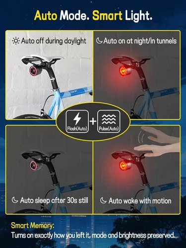 Vista 8 de Luz trasera de bicicleta de brillo variable, luz trasera de bicicleta con detección de freno, 800 mAh USB-C recargable, 4 modos de iluminación, IPX6