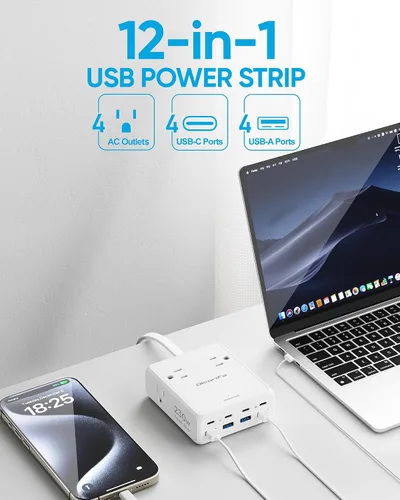 Vista 3 de Olcorife Tira de alimentación USB de 230 W, cable de extensión de enchufe plano ultrafino de 5 pies, 4 salidas de CA, 8 puertos USB