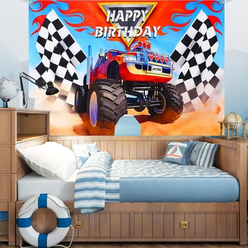 Vista 6 de Irenare Los suministros de fiesta de Monster Truck incluyen 1 telón de fondo de camión monstruo, 1 mantel de bandera de plástico a cuadros, telón