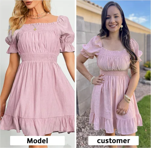 Vista 2 de EXLURA Vestido corto de verano para mujer con hombros descubiertos cuello cuadrado manga corta abombada cintura alta con volantes