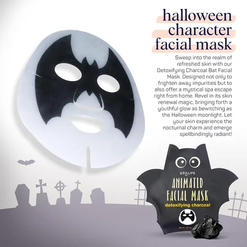 Vista 4 de SpaLife Paquete variado de mascarillas faciales de personaje de Halloween con diseño de murciélago de carbón animado, 10 hojas de máscara facial