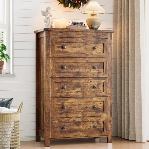 Vista 17 de Xixini - Cómoda para dormitorio con 5 cajones, cómoda alta de madera, organizador moderno de ropa estilo granja, gabinete de almacenamiento con asas