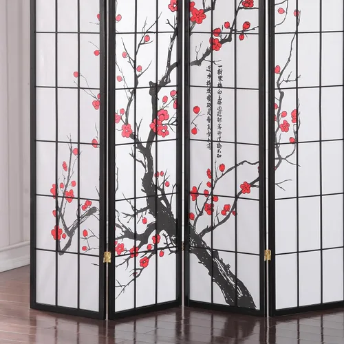 Vista 4 de Roundhill Biombo negro de 4 paneles con diseño japonés de flor de ciruelo