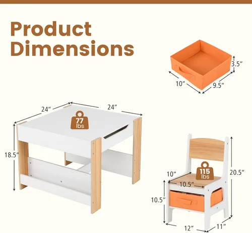 Vista 14 de INFANS Juego de Mesa y Silla para Niños, Escritorio de Actividades de Madera de Bloques de Construcción 4 en 1 con Superficie Reversible, Cajones