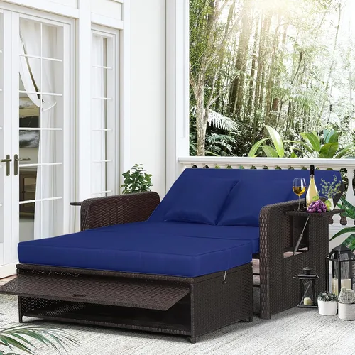Vista 12 de LDAILY Moccha - Sofá cama para exteriores, sofá biplaza de mimbre con respaldo ajustable de 4 posiciones, otomana de almacenamiento, cojines Beige