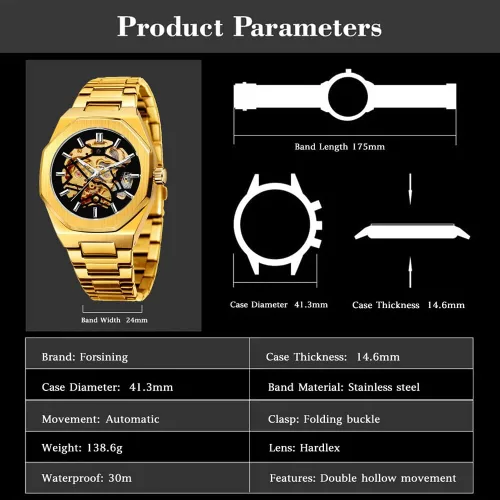 Vista 7 de Tiong Relojes automáticos de moda Reloj de pulsera mecánico dorado para hombre Relojes esqueleto con esfera transparente de acero inoxidable