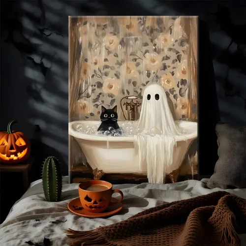 Vista 3 de Obras de arte en lienzo de fantasmas de Halloween para baño, decoración de pared con fantasmas de terror y lindo gato negro en la bañera, pinturas