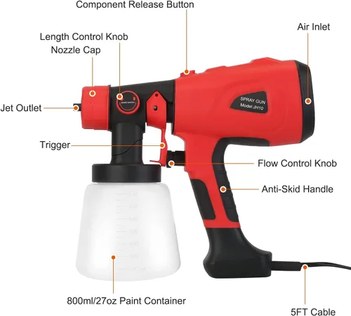 Vista 4 de Moclever - Pulverizador de pintura eléctrico Hvlp de alta potencia con recipiente de 27.1 fl oz, 5 boquillas de cobre y 3 patrones y filtro