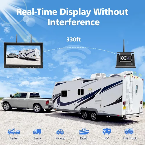 Vista 3 de 10.1 pulgadas - 2 cámaras de respaldo inalámbricas solares magnéticas, monitor HD 1080P DVR, sistema de cámaras duales para remolque de enganche RV