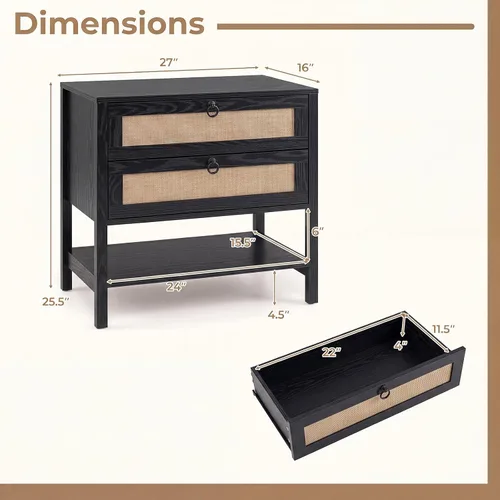 Vista 3 de KOMFOTT Rattan Nightstand, Bedside Table with 2 Drawers (Black,1)