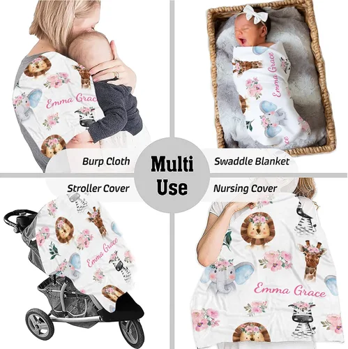 Vista 6 de Kingdora Manta de bebé personalizada con animales – Zoológico, selva, bosque y temática floral – Personalizada, Niñas