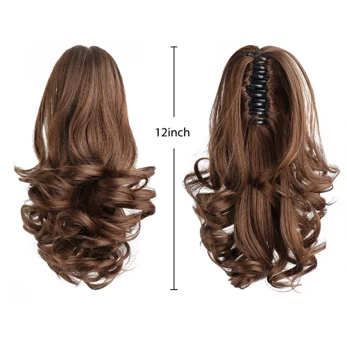 Vista 4 de Extensiones de cabello castaño para mujer, pinza de extensiones de cabello rizado de 12 pulgadas, extensiones de cabello sintético de cola