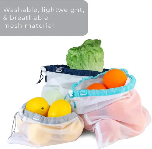 Vista 5 de Smart Design Bolsas de malla reutilizables para productos – Juego de 9 – Lavable a máquina – Ecológicas – Multiusos, aperitivos, verduras, frutas