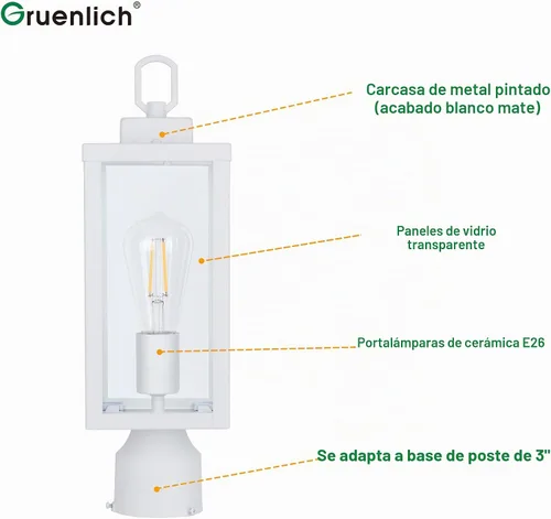Vista 2 de GRUENLICH Outdoor Post Light Fixture, Tempered Glass, 16.5" White 1 Pack Blanco