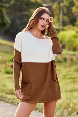 Vista 4 de PRETTYGARDEN - Suéter holgado casual para mujer, suéter de punto con bloques de color, cómodo con hombros descubiertos