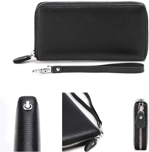 Vista 3 de Moflycom - Cartera de cuero genuino para mujer con cierre y seguridad RFID