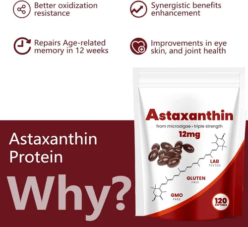 Vista 4 de Astaxantina de 12 mg, antioxidante natural, apoya el sistema inmunológico, microalgas frescas para la piel ojo y la salud de la circulación interna