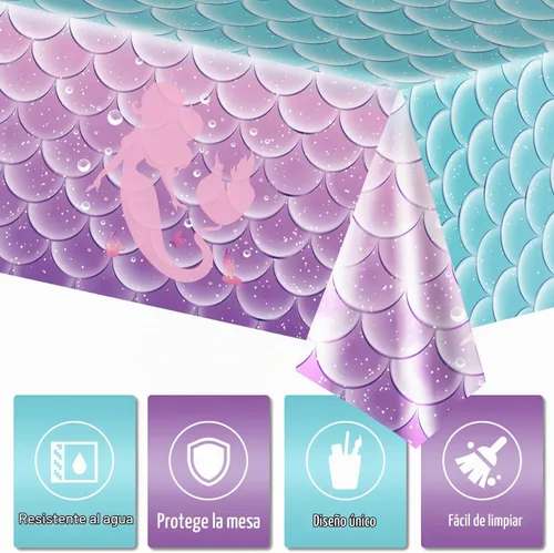 Vista 4 de 1 mantel de decoración de fiesta de cumpleaños de sirena, funda de mesa de plástico desechable para princesa bajo el mar, suministros de fiesta