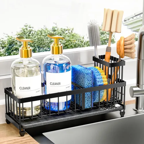 Vista 15 de Cisily Soporte de esponja negro extra grande para fregadero de cocina, organizador de fregadero con soporte alto para cepillos, organizadores