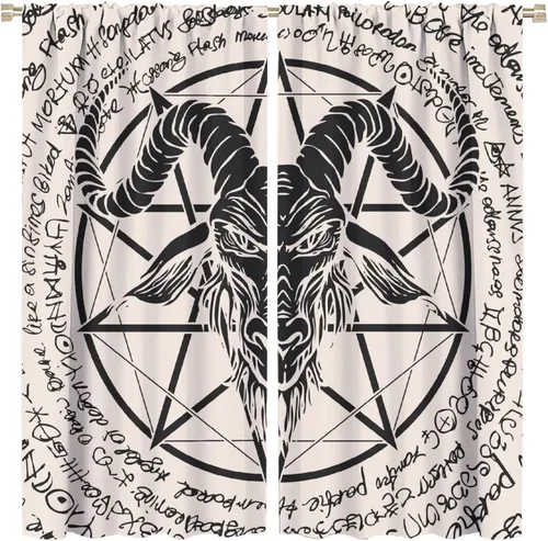 Vista 19 de BAEKJIN Cortinas de cabeza de cabra, diseño de calavera malvada, bruja, símbolo misterioso, bolsillo para barra, cortinas opacas para ventana, juego