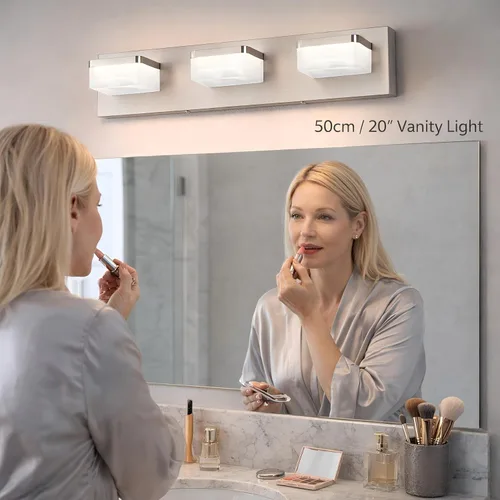 Vista 2 de Luces de Tocador de Níquel Cepillado para Baño - Lámpara de Tocador de 3 Luces - Apliques de Pared LED Regulables - Luz Diurna 5500K - Elegantes