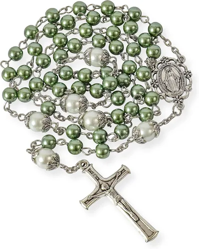 Vista 2 de Nazareth Store - Collar de cuentas de perlas rosario blanco Padre Nuestro con medalla de Lourdes y crucifijo de cruz devoción espiritual