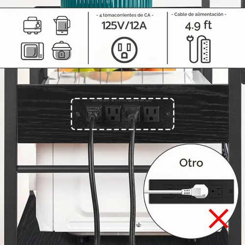 Vista 4 de HOOBRO Estante de Panadero de Cocina con Toma de Corriente, Barra de Café, Soporte para Horno de Microondas con Canasta de Malla, Estación de Café